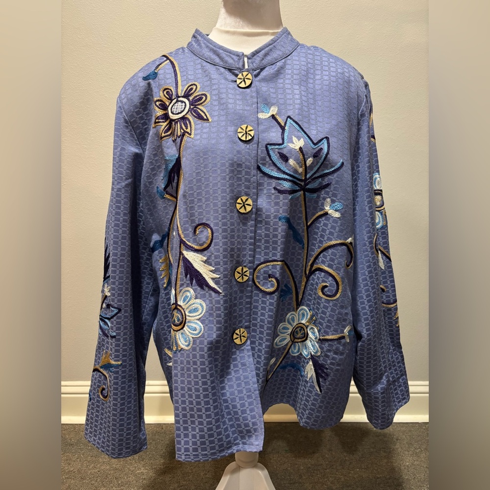 Alex Kim cornflower blue periwinkle lined jacket embroidered flowers sz 1X
